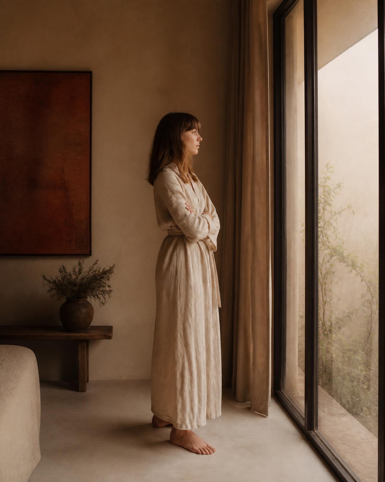 Mulher contemplativa diante da luz da manhã